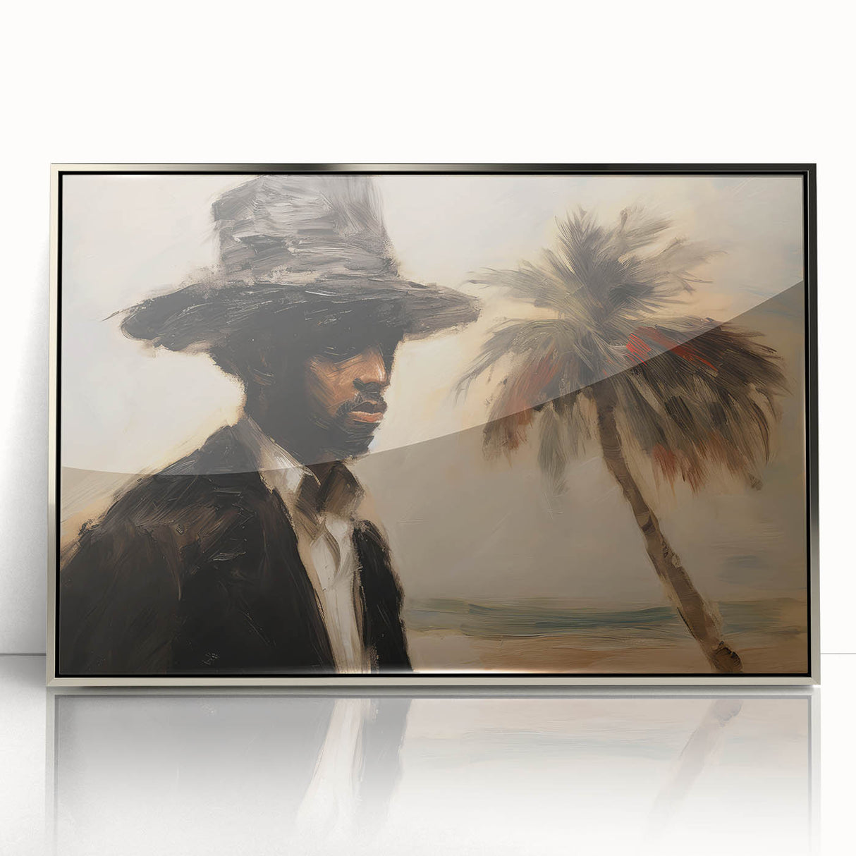 Vintage Portrait Art | Man by Palm Tree in Coastal Setting