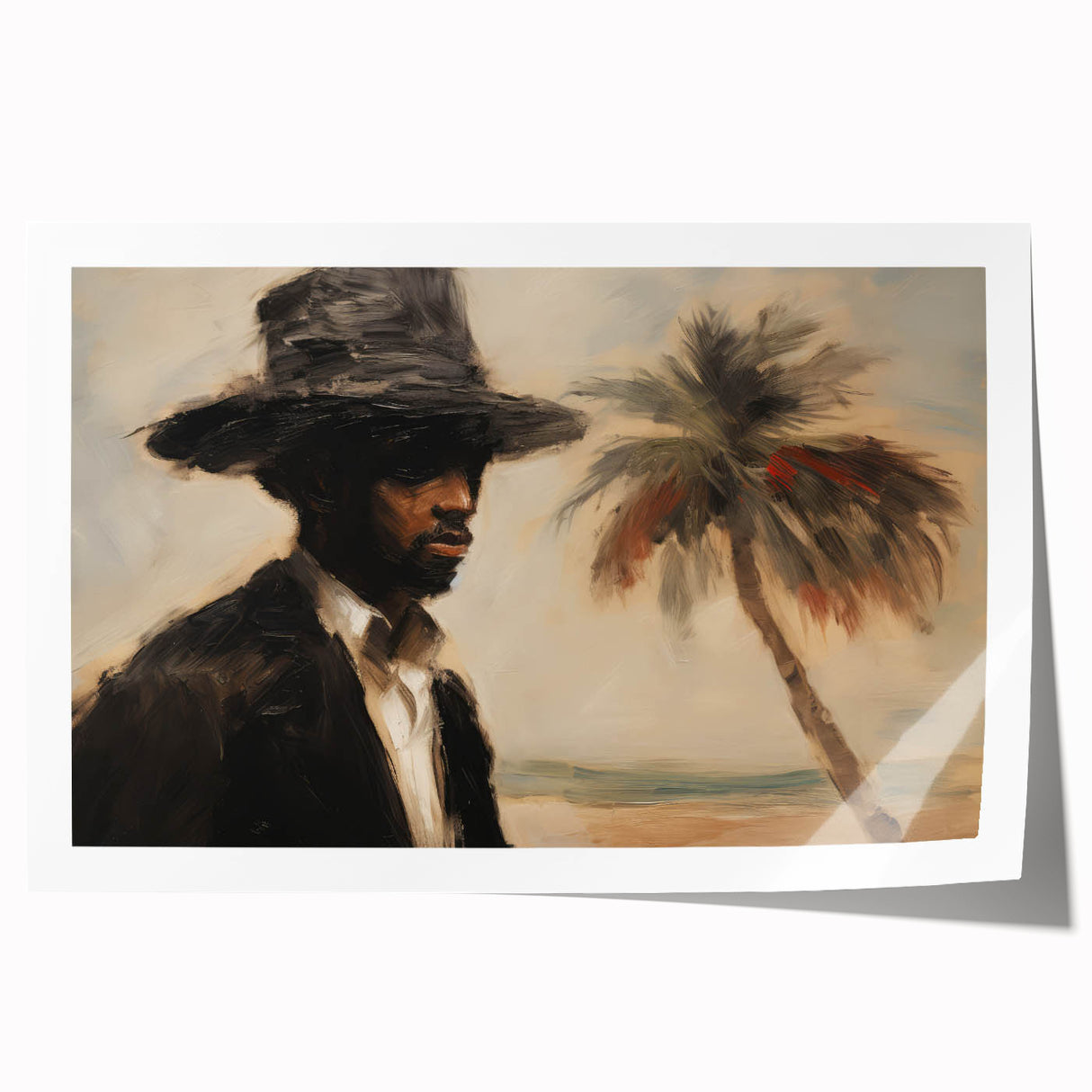 Vintage Portrait Art | Man by Palm Tree in Coastal Setting