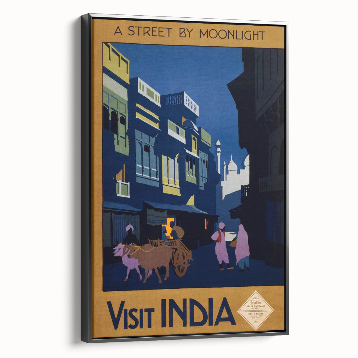 Vintage India Travel Poster – Moonlit Street Scene Art Print
