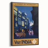 Vintage India Travel Poster – Moonlit Street Scene Art Print