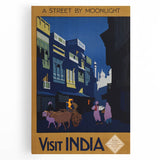 Vintage India Travel Poster – Moonlit Street Scene Art Print