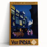 Vintage India Travel Poster – Moonlit Street Scene Art Print
