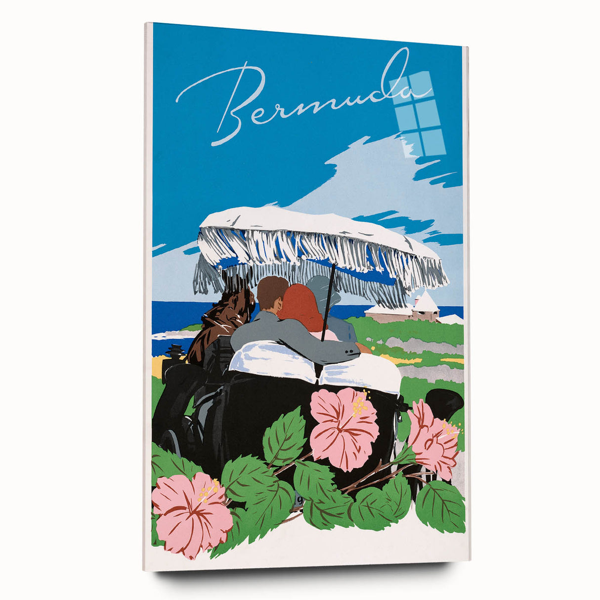 Vintage Bermuda Travel Poster – Retro Couple with Umbrella Art