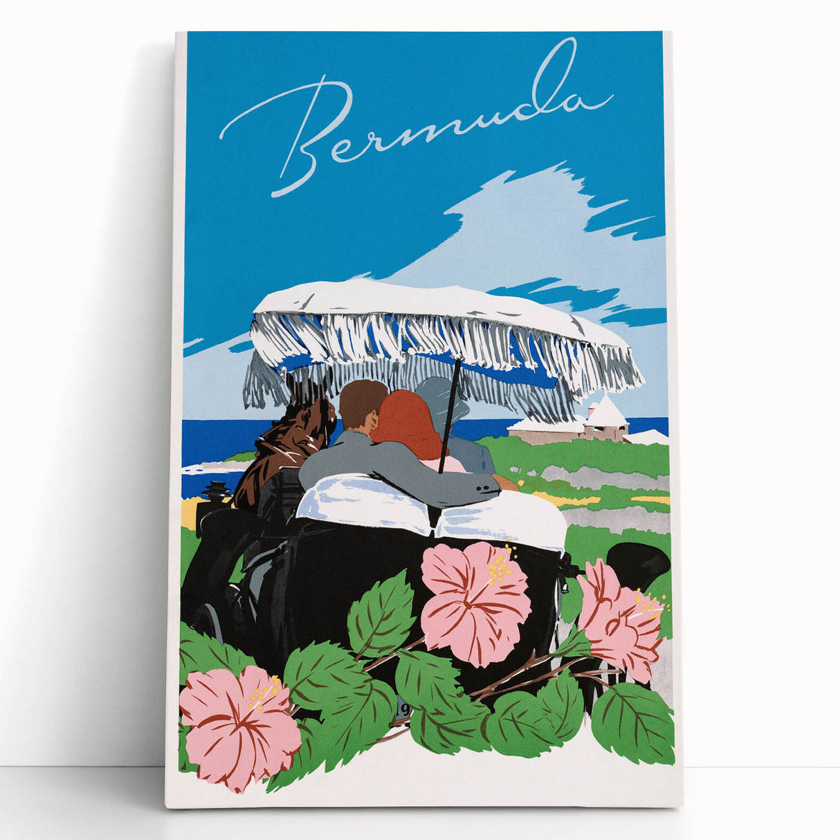 Vintage Bermuda Travel Poster – Retro Couple with Umbrella Art