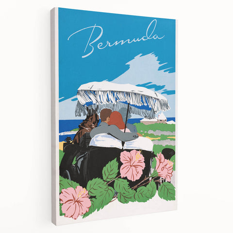 Vintage Bermuda Travel Poster – Retro Couple with Umbrella Art