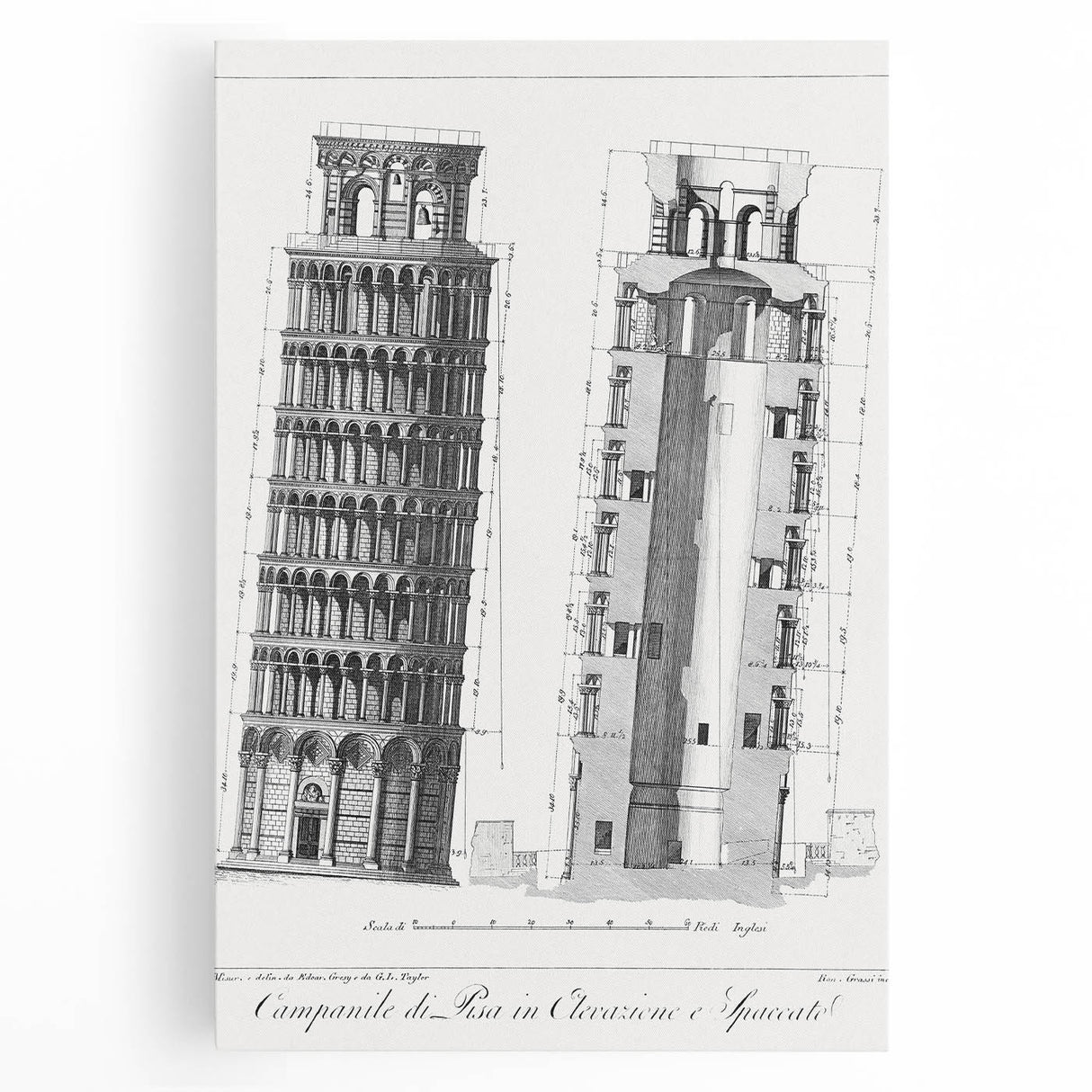 Vintage Leaning Tower of Pisa Blueprint Poster – Retro Architecture Art