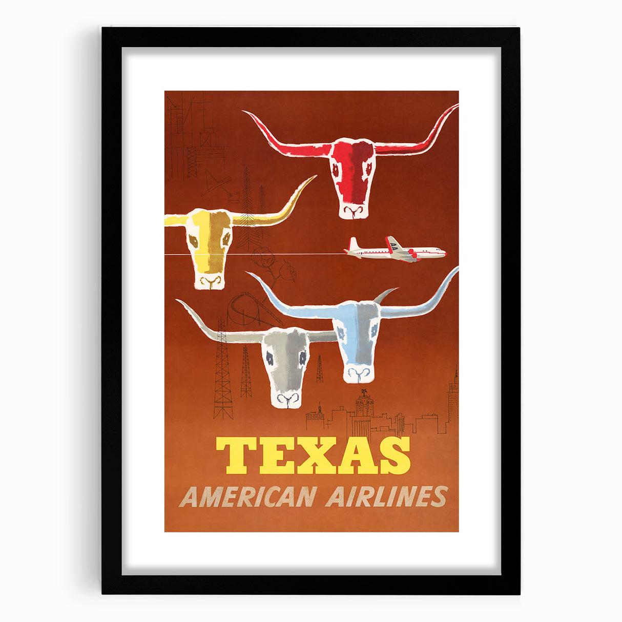 Vintage Texas American Airlines Poster – Retro Longhorn Travel Art