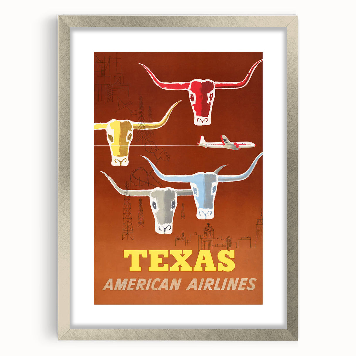 Vintage Texas American Airlines Poster – Retro Longhorn Travel Art