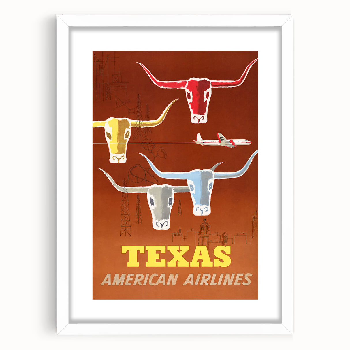 Vintage Texas American Airlines Poster – Retro Longhorn Travel Art