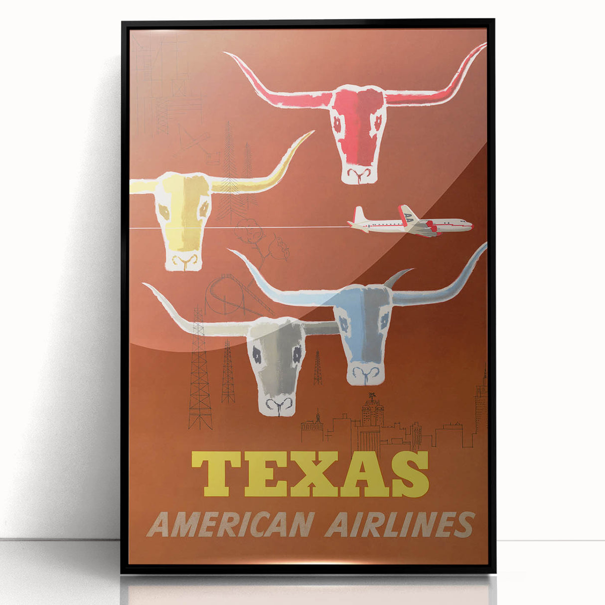 Vintage Texas American Airlines Poster – Retro Longhorn Travel Art