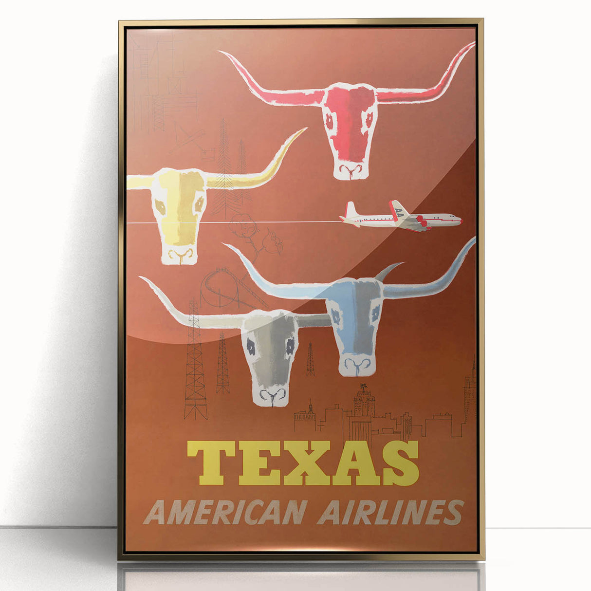Vintage Texas American Airlines Poster – Retro Longhorn Travel Art