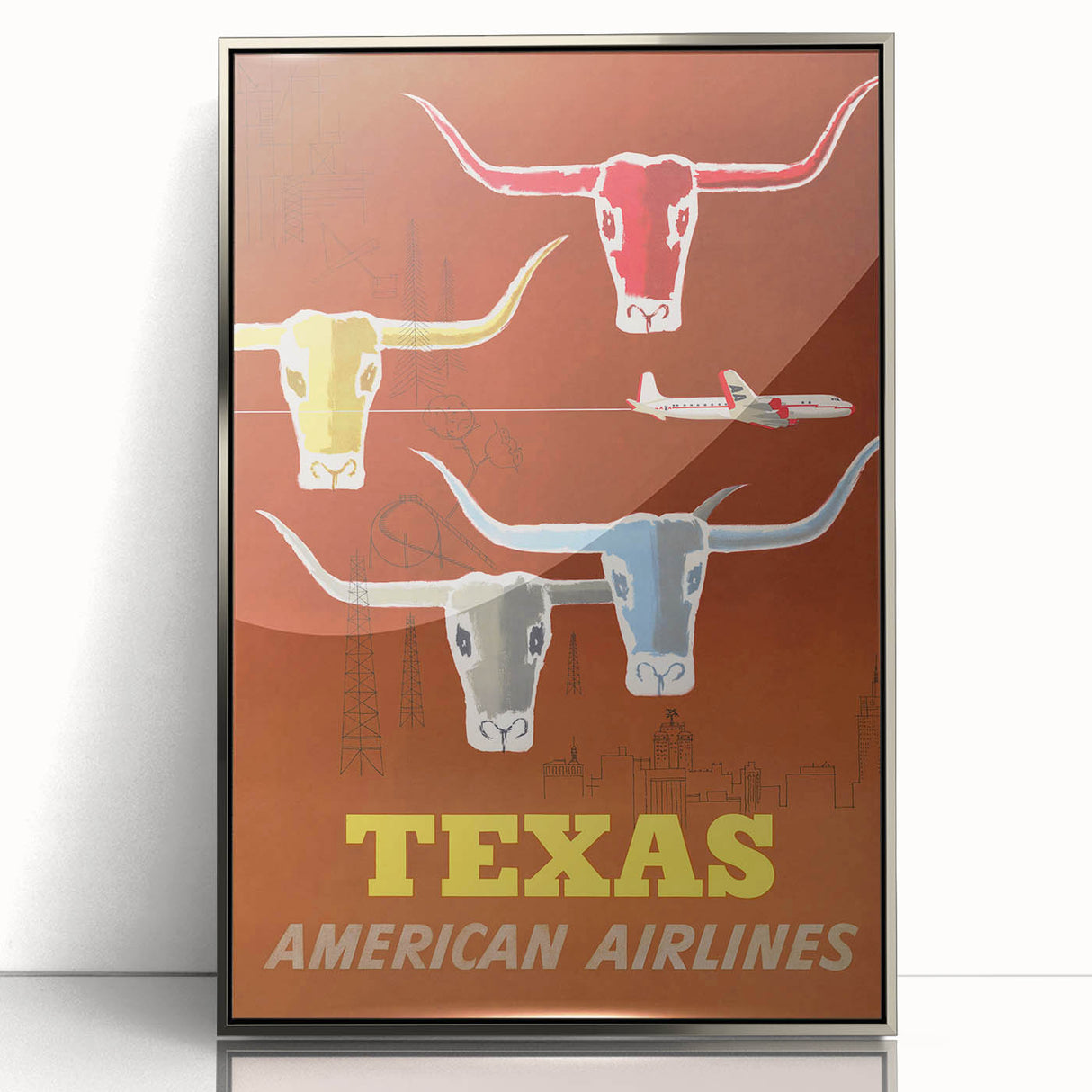 Vintage Texas American Airlines Poster – Retro Longhorn Travel Art