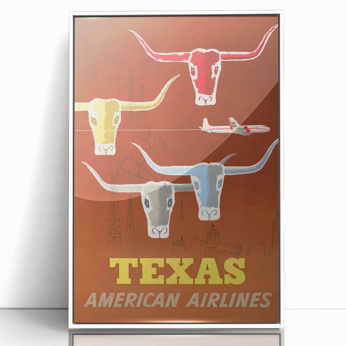 Vintage Texas American Airlines Poster – Retro Longhorn Travel Art