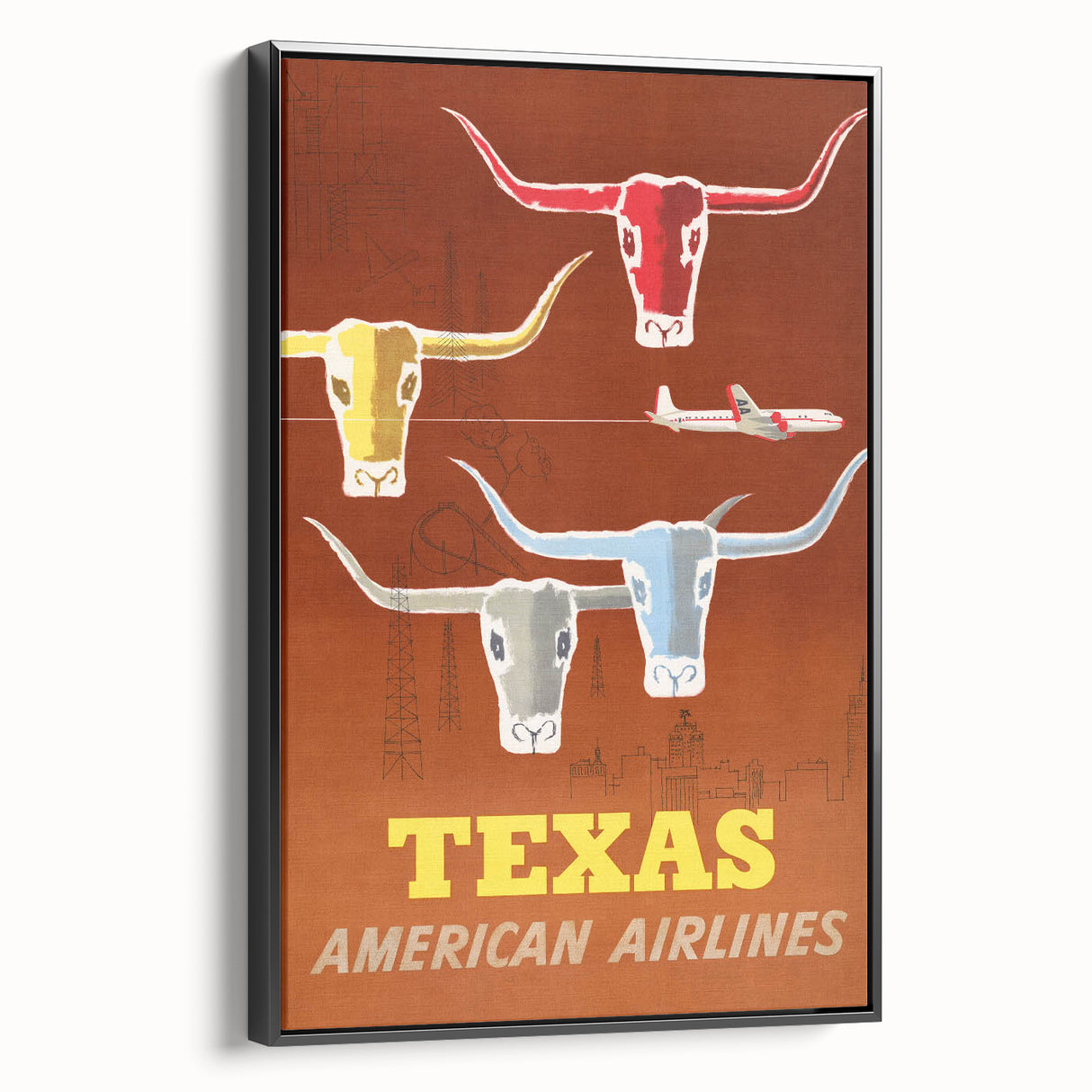 Vintage Texas American Airlines Poster – Retro Longhorn Travel Art