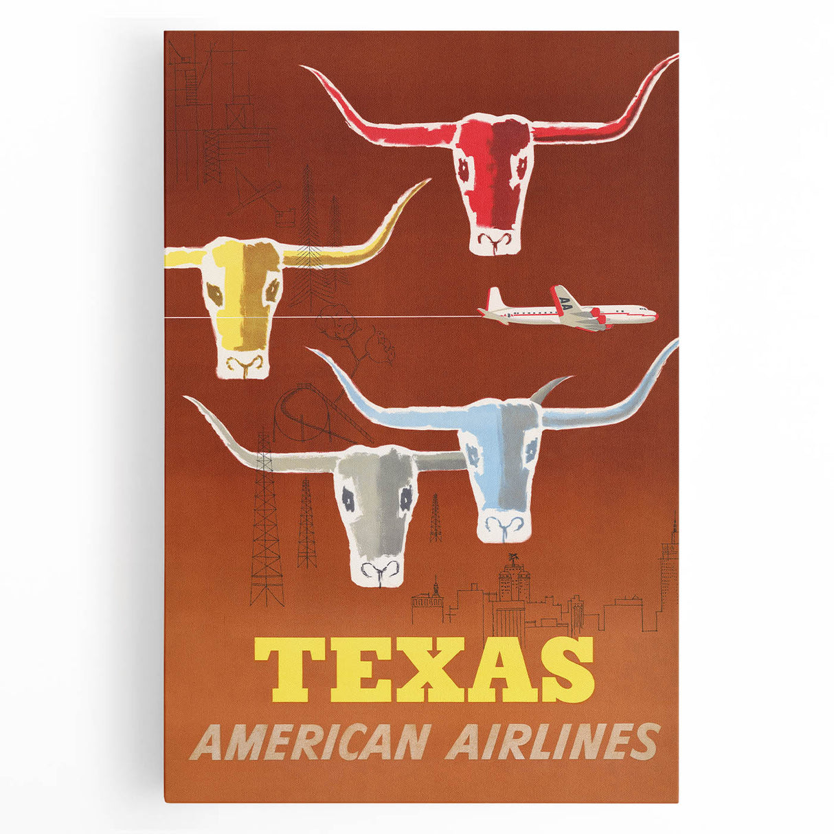 Vintage Texas American Airlines Poster – Retro Longhorn Travel Art