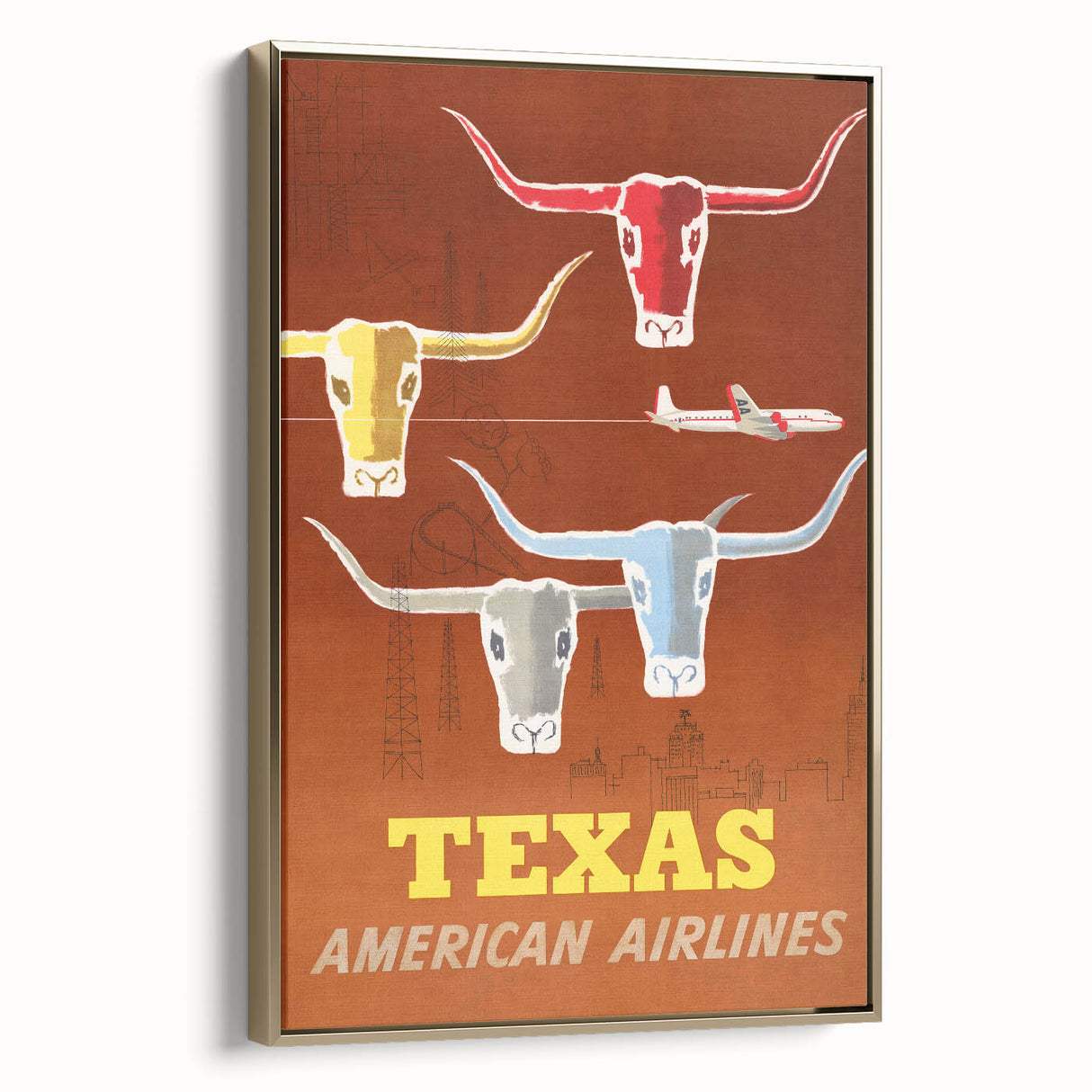Vintage Texas American Airlines Poster – Retro Longhorn Travel Art