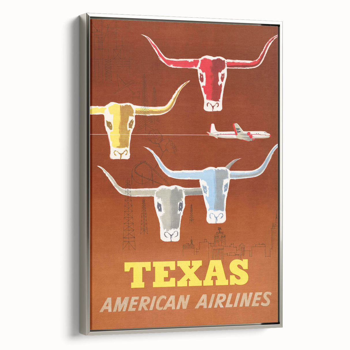 Vintage Texas American Airlines Poster – Retro Longhorn Travel Art