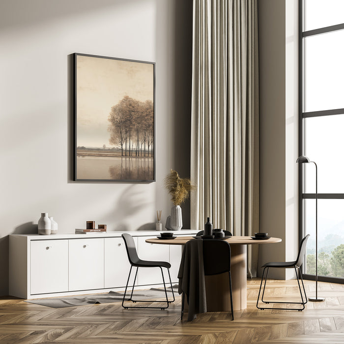 Vintage landscape wall art in warm countryside tones, styled in a rustic dining space