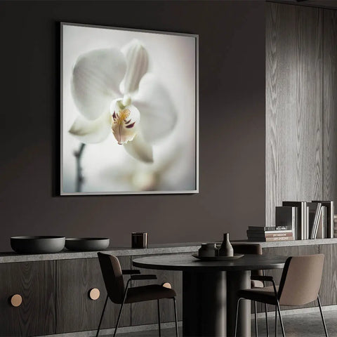 Minimalist white orchid botanical wall art print in modern dining room interior with dark walls and wood textures