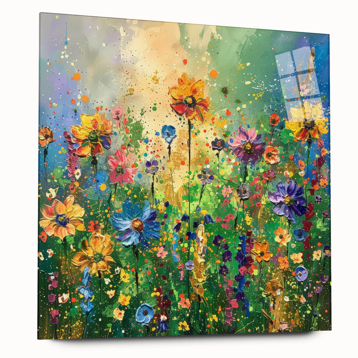 Acrylic glass wall art display showcasing a vibrant wildflower design, viewed from the side, highlighting vivid colors and intricate details in a stylish setting.