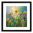 Framed wall art of colorful wildflowers in a black mat, showcasing vibrant floral designs ideal for home decor, enhancing any living space or office ambiance.