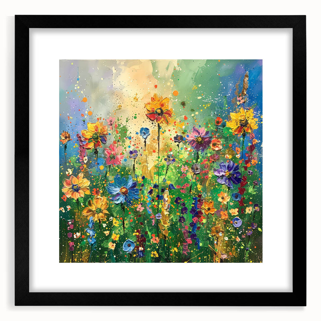 Framed wall art of colorful wildflowers in a black mat, showcasing vibrant floral designs ideal for home decor, enhancing any living space or office ambiance.