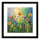 Framed wall art of colorful wildflowers in a black mat, showcasing vibrant floral designs ideal for home decor, enhancing any living space or office ambiance.