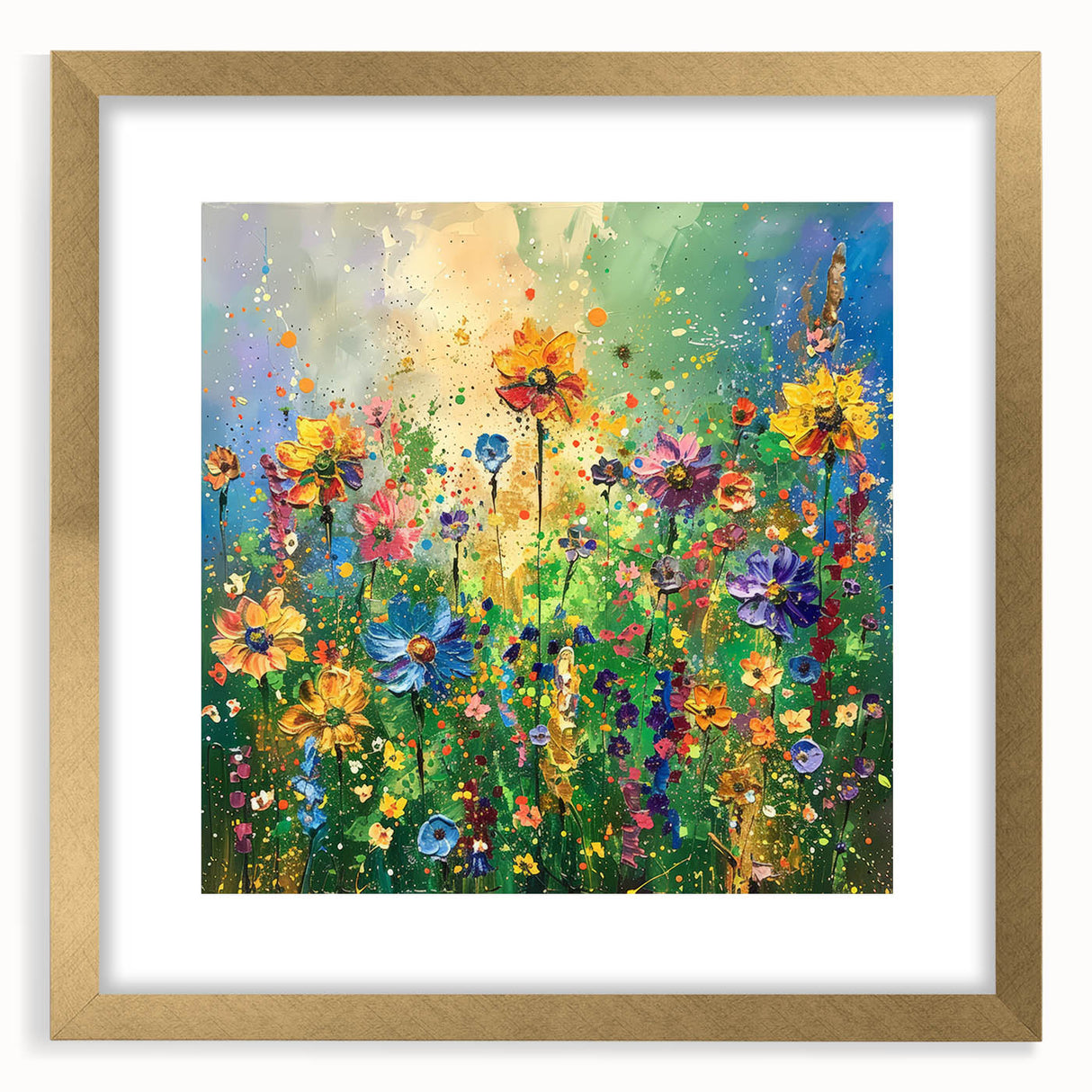 Framed wall art collection featuring a vibrant wildflower design with a gold mat and frame, showcasing colorful floral patterns perfect for home decor.