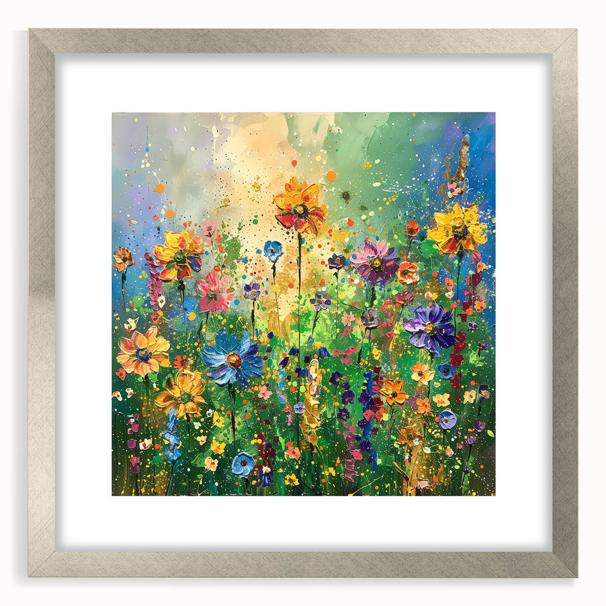 Framed wall art featuring a vibrant wildflower design, elegantly matted in silver, showcasing intricate floral details and a modern aesthetic ideal for home decor. Perfect for adding a touch of nature-inspired elegance to any room.