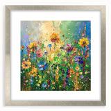 Framed wall art featuring a vibrant wildflower design, elegantly matted in silver, showcasing intricate floral details and a modern aesthetic ideal for home decor. Perfect for adding a touch of nature-inspired elegance to any room.