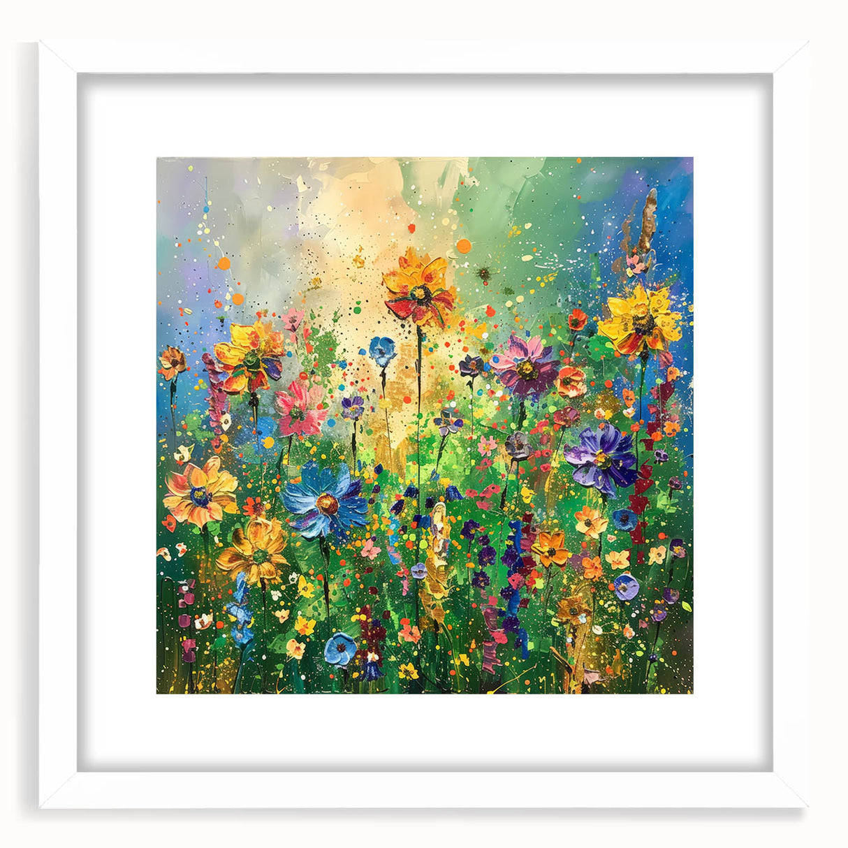 Framed wall art featuring a vibrant wildflower design in a white mat, showcasing intricate floral details against a modern backdrop, perfect for home decor.