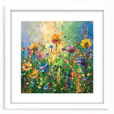 Framed wall art featuring a vibrant wildflower design in a white mat, showcasing intricate floral details against a modern backdrop, perfect for home decor.