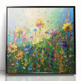 Framed acrylic wall art featuring a vibrant wildflower design in a sleek black frame, showcasing colorful floral patterns and intricate details, perfect for home decor.