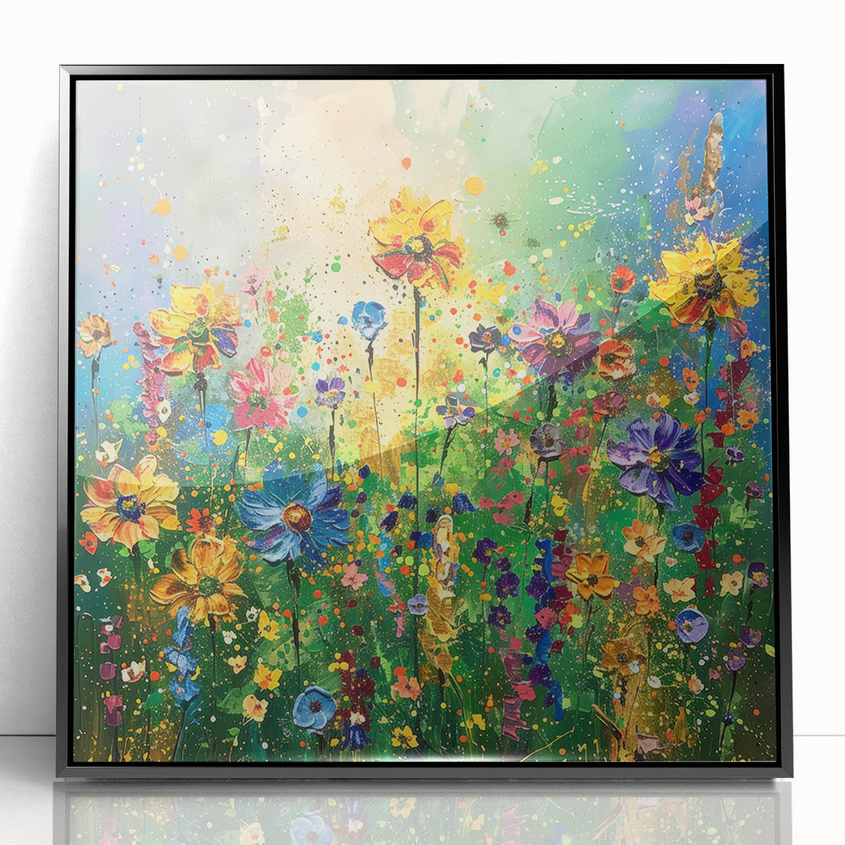Framed acrylic wall art featuring a vibrant wildflower design in a sleek black frame, showcasing colorful floral patterns and intricate details, perfect for home decor.