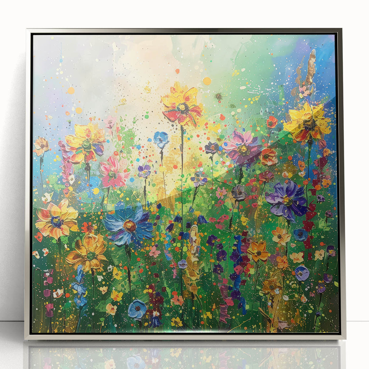 Framed wall art featuring a vibrant wildflower design in an elegant silver acrylic frame, ideal for adding a touch of nature-inspired decor to any room.