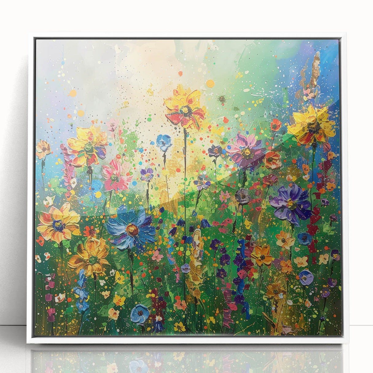 Framed wall art featuring a vibrant wildflower design in acrylic, showcasing intricate floral patterns and a modern white frame, ideal for home decor.