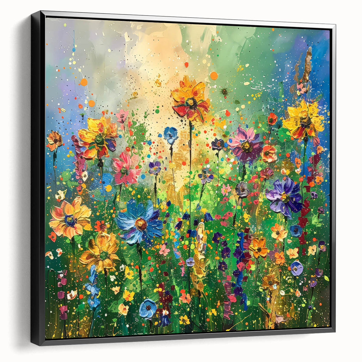 Framed wall art featuring a vibrant wildflower design on canvas, showcasing a black frame and a side view that highlights its elegant aesthetic, perfect for home decor.