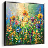 Framed wall art featuring a vibrant wildflower design on canvas, showcasing a black frame and a side view that highlights its elegant aesthetic, perfect for home decor.