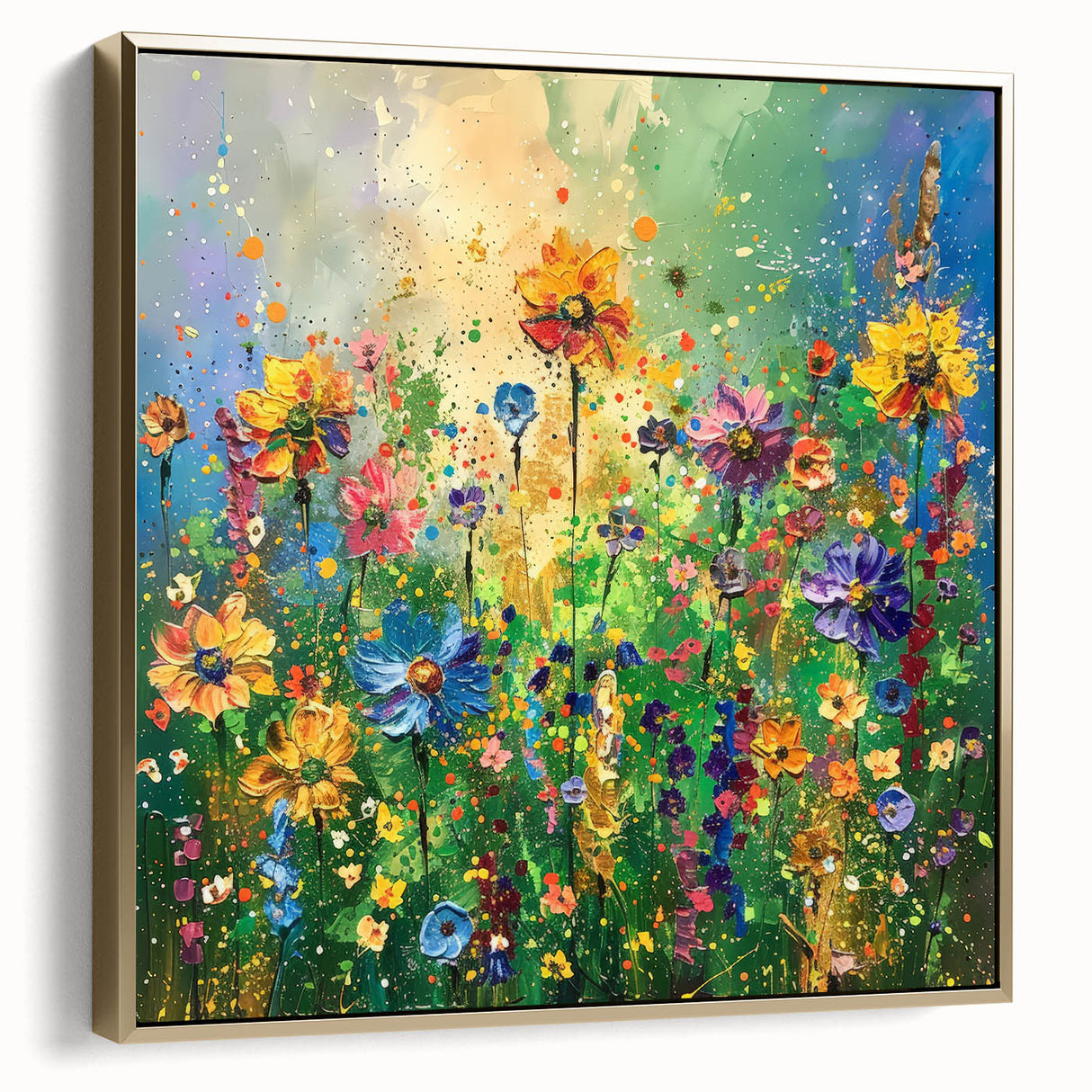 Framed wall art featuring a vibrant wildflower design in gold and silver tones, set against a textured canvas backdrop, ideal for home decor enhancement.