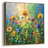 Framed wall art featuring a vibrant wildflower design in gold and silver tones, set against a textured canvas backdrop, ideal for home decor enhancement.