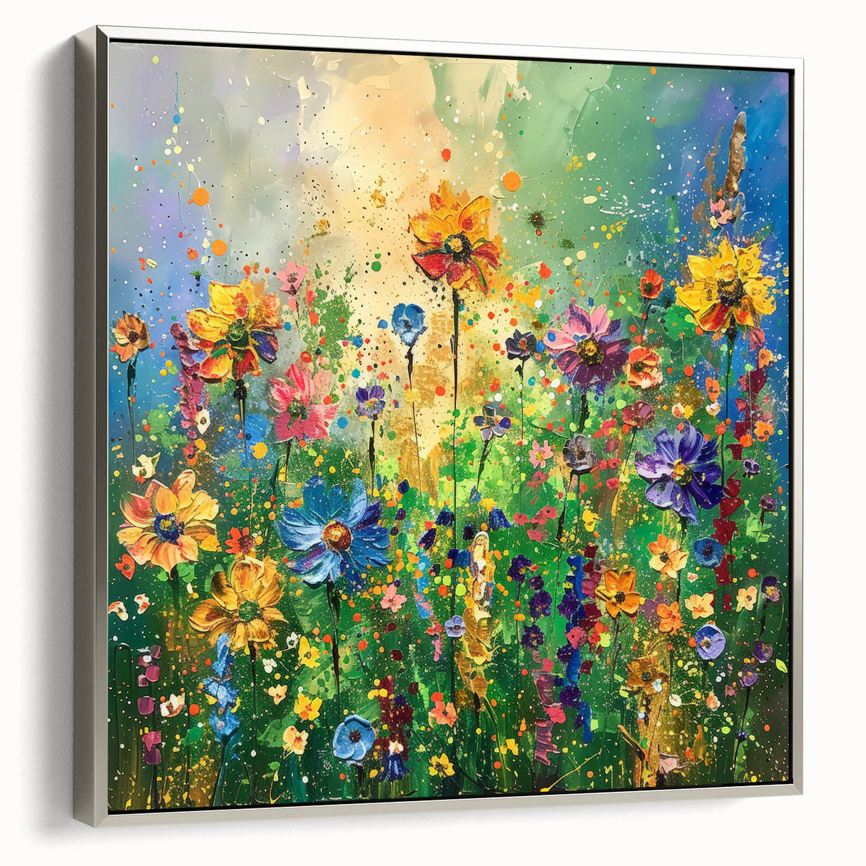 Framed canvas wall art showcasing a vibrant wildflower design in silver tones, highlighting intricate floral details and elegant framing for stylish home decor.