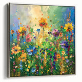Framed canvas wall art showcasing a vibrant wildflower design in silver tones, highlighting intricate floral details and elegant framing for stylish home decor.