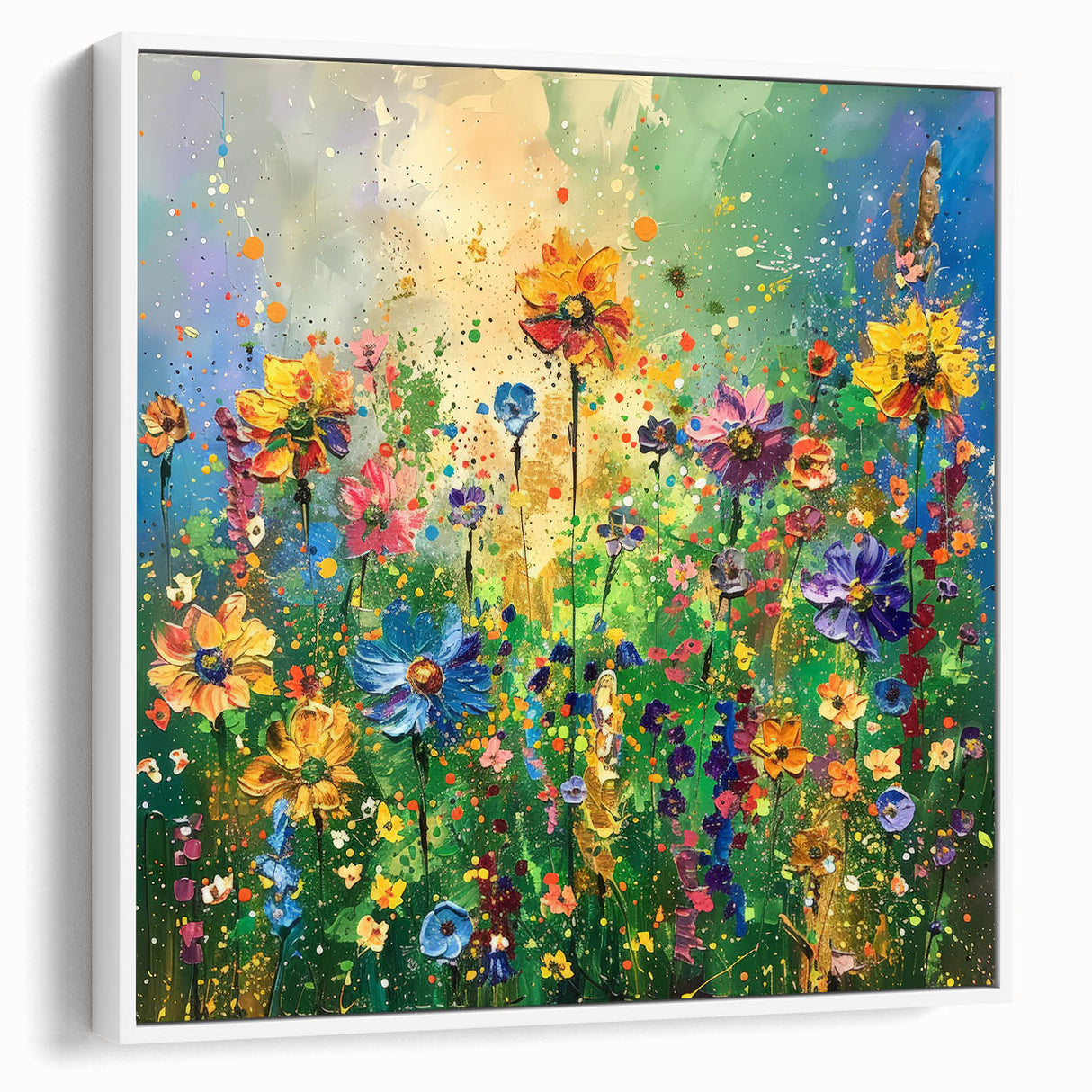 Framed canvas wall art depicting a vibrant wildflower design with a white frame, showcased from a side view, perfect for home decor and nature enthusiasts.