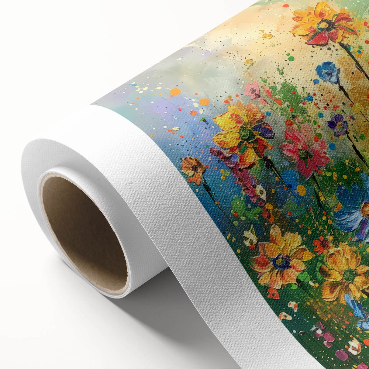 Vibrant rolled canvas showcasing a collection of wildflower designs in various colors, elegantly packaged in a durable cardboard tube for safe delivery.