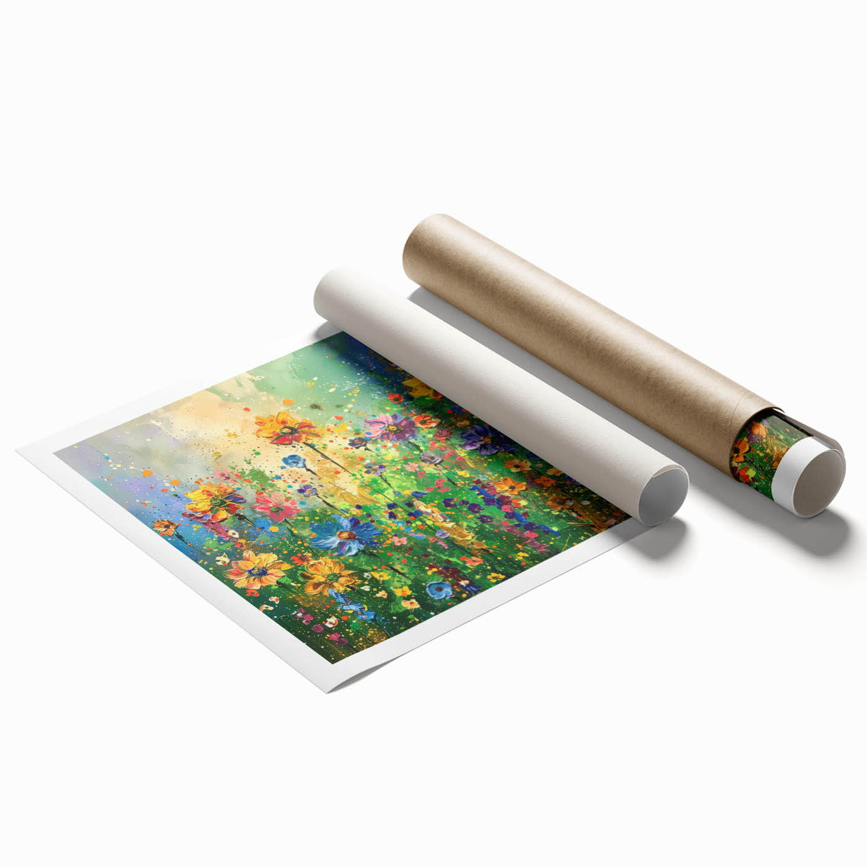 Vibrant rolled print of wildflowers art collection showcasing colorful floral designs on a textured background, perfect for home decor and nature lovers.
