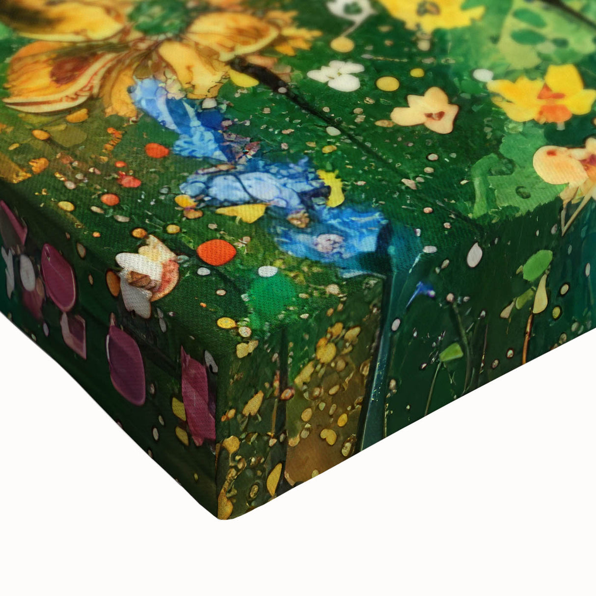 Close-up of a vibrant stretched canvas wall art featuring a wildflower design in rich colors, showcasing intricate details and textures, ideal for home decor.