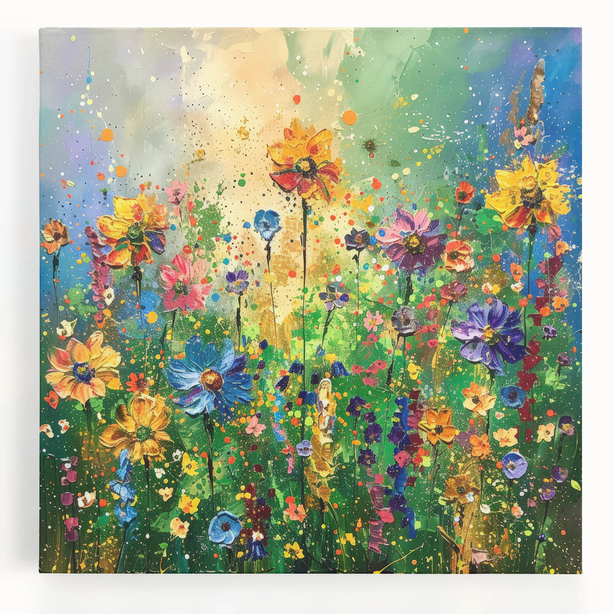 Stretched canvas wall art showcasing a vibrant wildflower design in a modern aesthetic, perfect for home decor, adding color and nature-inspired beauty to any room.