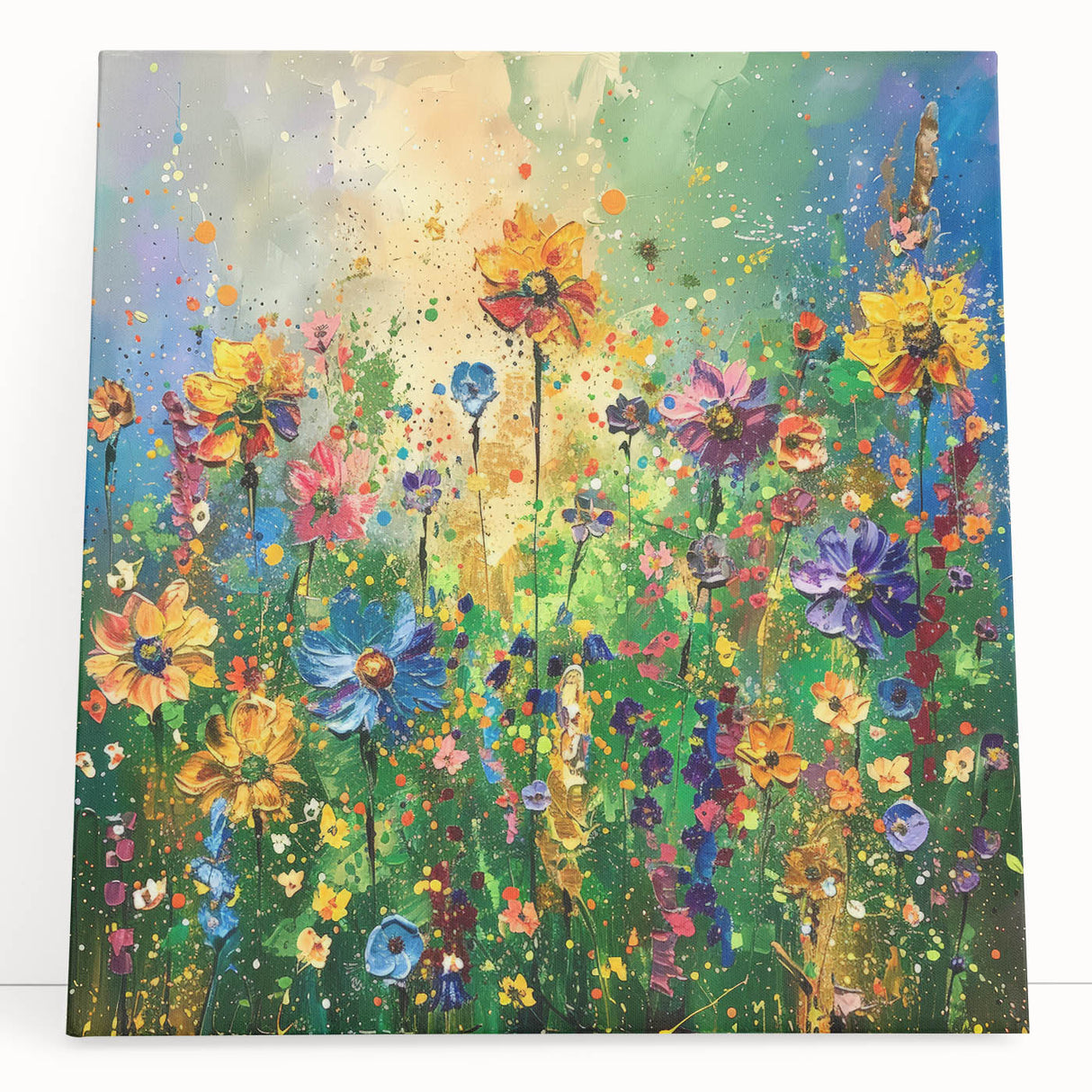 Stretched canvas artwork showcasing a vibrant wildflower design in various colors, leaning against a wall, perfect for home decor and nature enthusiasts.