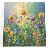 Stretched canvas artwork showcasing a vibrant wildflower design in various colors, leaning against a wall, perfect for home decor and nature enthusiasts.