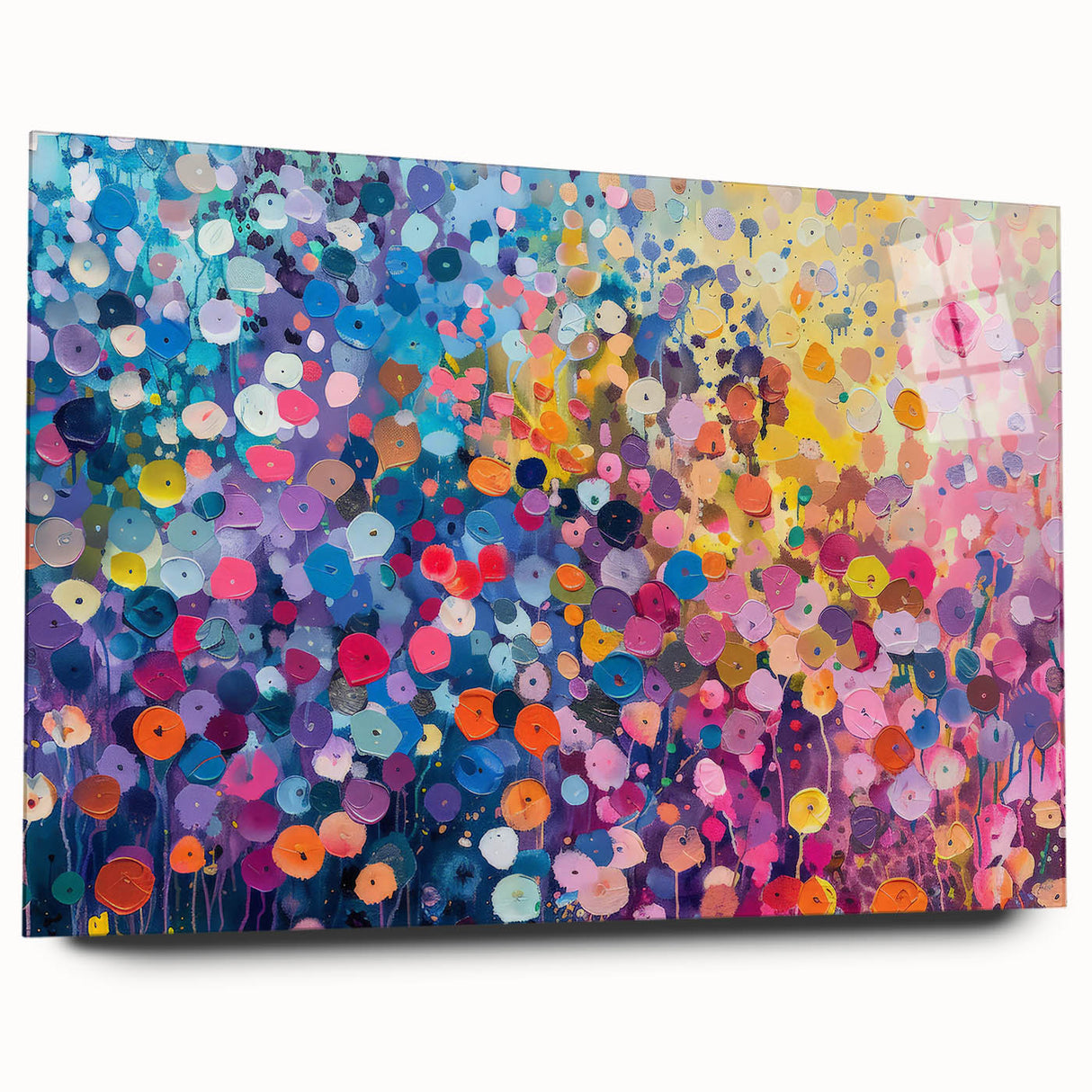Acrylic glass wall art piece showcasing a vibrant wildflower design, displayed from a side view to highlight its sleek edges and colorful details, perfect for home decor.